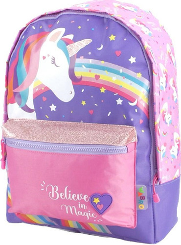 Mochila Espalda Unicornio Reforzada Con Brillo 17'' Color Violeta