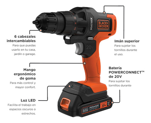 Taladro Inalámbrico 20v Black+decker Matrix Mtx20k6a Naranja