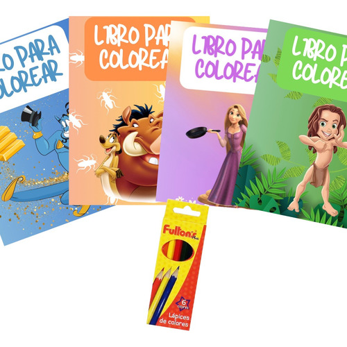 Pack 4 Libros Para Colorear Rey León Tarzán Aladino Rapunzel