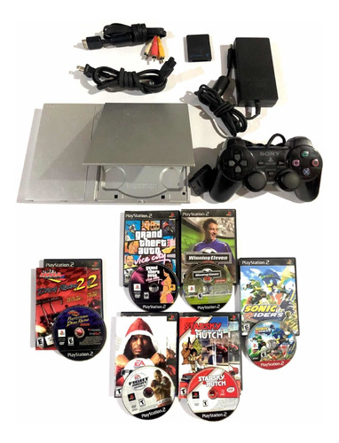 Playstation 2 Slim Silver + 6 Juegos Originales, Joy, Memory