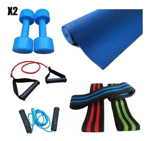 Kit Entrenamiento Colchoneta Mat Pesas Soga Bandas Elasticas