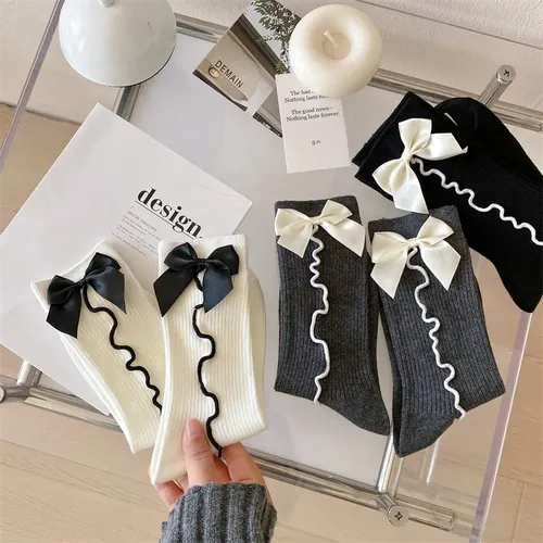 Calcetines De Algodón Con Lazo, Calcetines Medios Dulces, Ca