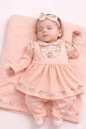 Saída Maternidade Menina Carol Floral 5 Peças Roupas De Bebê Salmão P