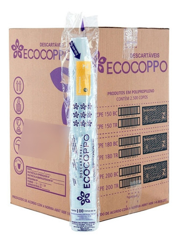 Copo Descartável 180ml branco 25 Pacotes com 100 unidades caixa 2500 da Ecocoppo PP Abnt 2012