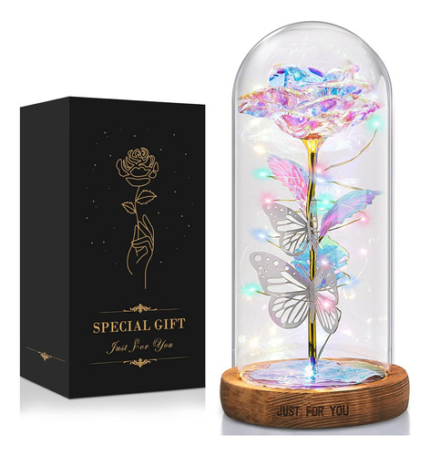 Rosa Eterna Led Regalo Mujer Flor En Cristal Base Madera