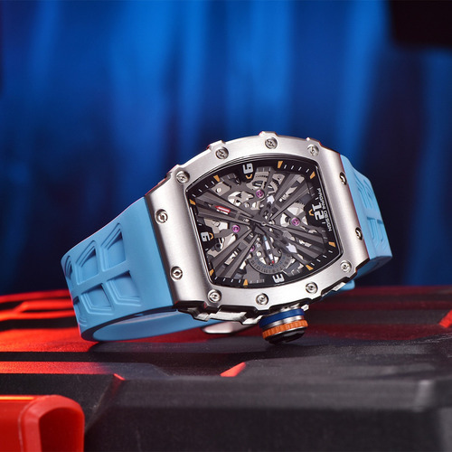 Reloj De Pulsera Analógico Ejecutivo Pagani Design Para Homb Correa Celeste Bisel Plateado Fondo Negro