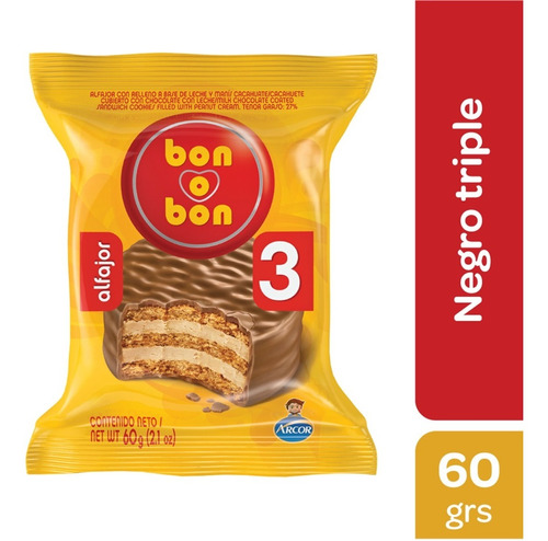 Oferta! Alfajor Triple Bon O Bon Bañado Chocolate Negro 60g