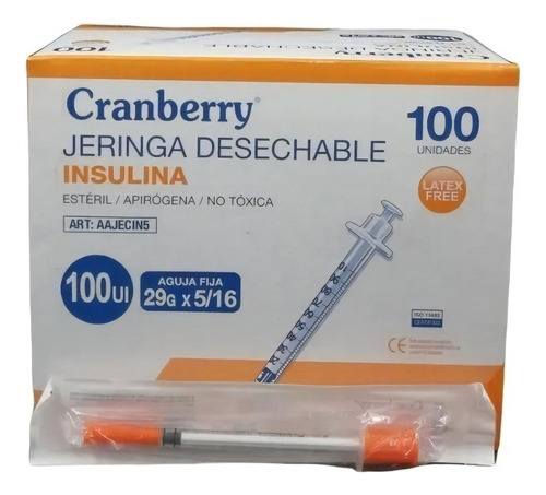 Jeringa Desechable Insulina Cranberry 29g X5/16 Caja X100 Capacidad En Volumen 1 Ml