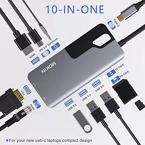 Adaptador HDMI USB C Hub para MacBook Pro 2019/2018/2017, MOKiN 5 en 1  Dongle USB-C a HDMI, lector de tarjetas Sd/TF y 2 puertos USB 3.0