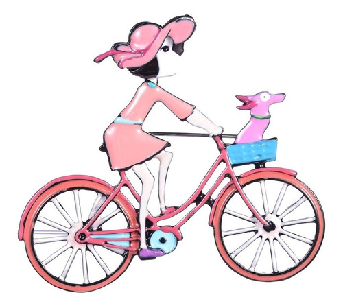 Pin Broche Artesanal Esmalte Mujer En Bicicleta Con Perrito 