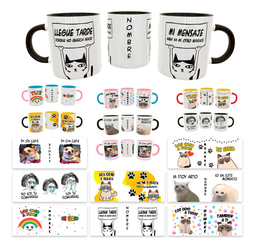 Kit 8 Plantillas Editables Para Sublimar Tazas Memes Gato