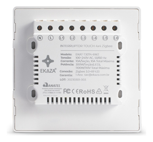 Ekaza Interruptor Inteligente Zigbee 3.0 4x4 6 Botões Alexa