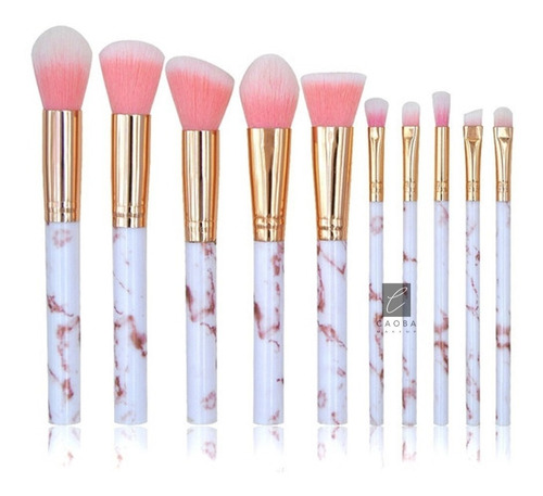 Set 10 Brochas Mármol Marble Pink Rosa Kabuki Maquillaje