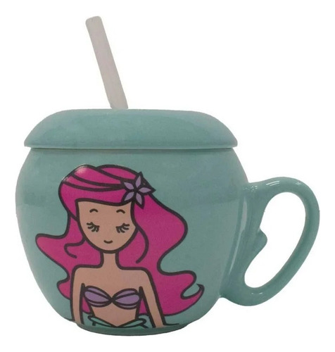 Taza Disney Princesas De Cerámica Con Tapa 240ml 1pz Color Agua Ariel
