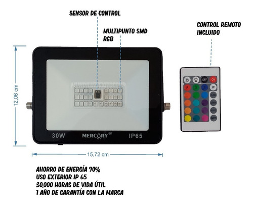 Reflector Led Rgb Multicolor Con Control 30w