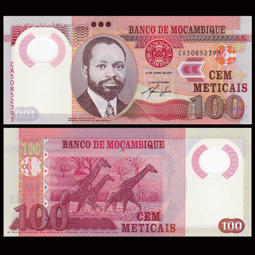 Billete Mozambique 100 Meticais 2011 Polimero Sin Circular (Usado)
