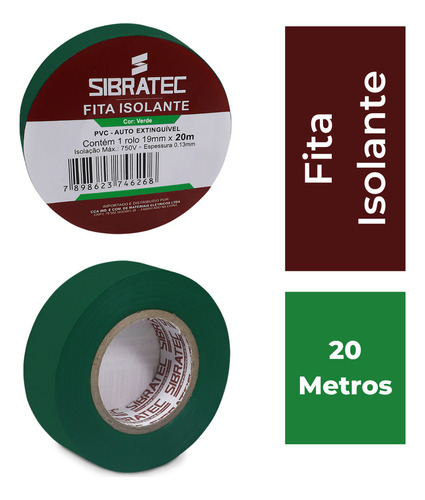 Kit 10 Fita Isolante Verde 20 Metros Sibratec Uso Geral