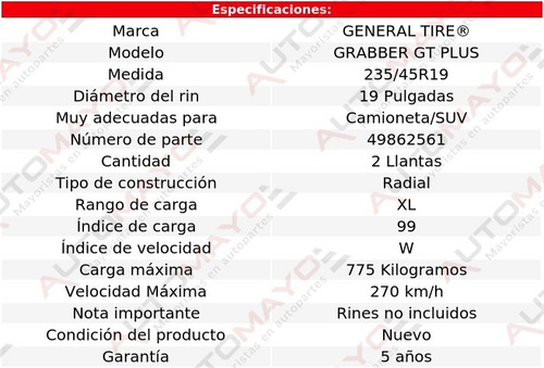 Set 2 Llantas Grabber Gt Plus General Tire 235/45r19 99w Xl