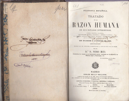 1864 Tratado Razon Humana Estados Intermedios Por Pedro Mata