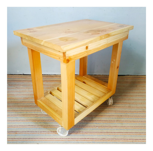 Mesa Auxiliar Rodante De Madera Maciza Natural Con Sello