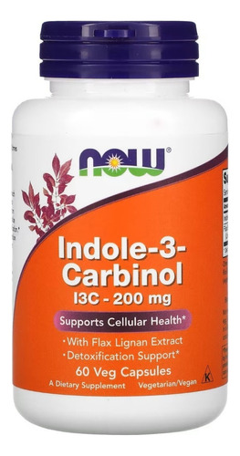 Suplemento em cápsula NOW  Indole-3-Carbinol em pote de 0.2g 60 un
