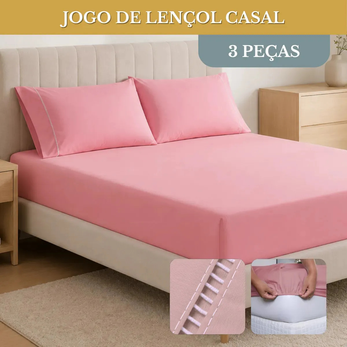 Jogo De Lençol Cama Casal Padrão 03 Peças 400 Fios Ponto Palito Extra Macio Cor Rose
