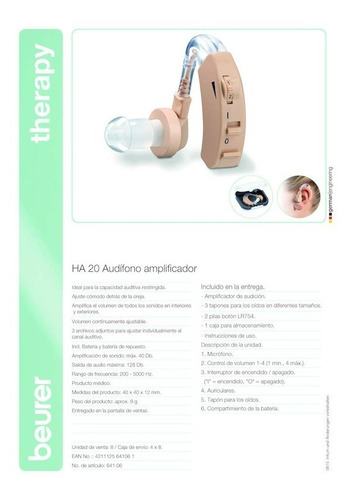 2 Piezas Audífono Auditivos Amplificador Sonido Ha20 Beurer
