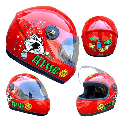 Casco Infantil Niño Niña Rojo Galaxy Planet Moto Bici Blanco