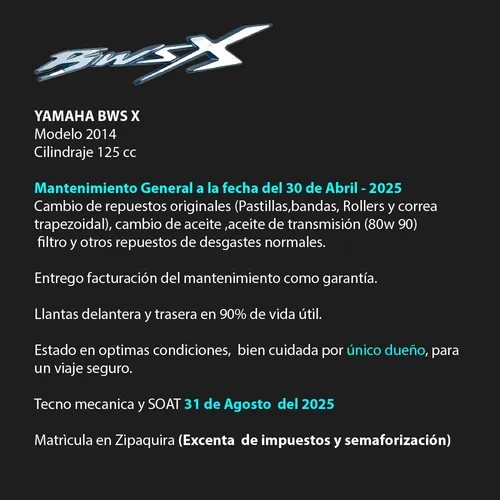 Yamaha Bws 125 Cc, Modelo 2014 Único Dueño En Estado Optimo