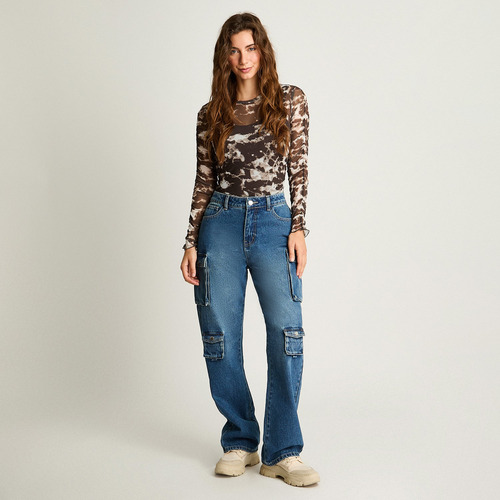 Jeans Tiro Alto Cargo Azul Mujer Moda Denim Básicos