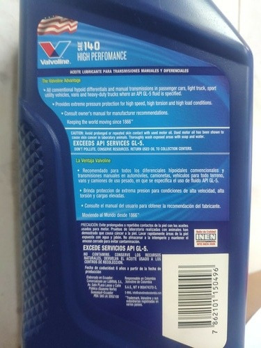 Imagen 3 de 3 de Aceite Sae 140 Valvoline Cajas Sincronicas Y Diferenciales