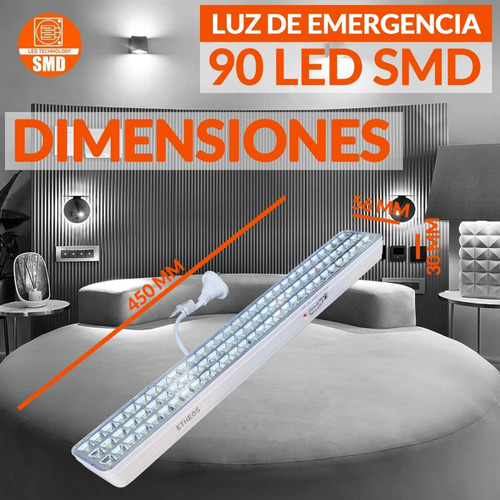 Imagen 7 de 11 de Luces Luz De Emergencia 90 Leds Recargable Cable 220v Etheos
