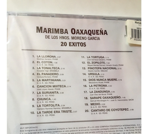Marimba Oaxaqueña 20 Exitos - Cd - Disco (Usado)