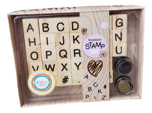 Set De Sellos Letras De Madera Abc Con 2 Almohadillas Negro Dorado Madera