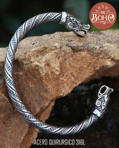 Pulsera Torque Vikinga Fenrir Lobo Dragon Acero Quirurgico Plateado 7 Cm 22 Cm