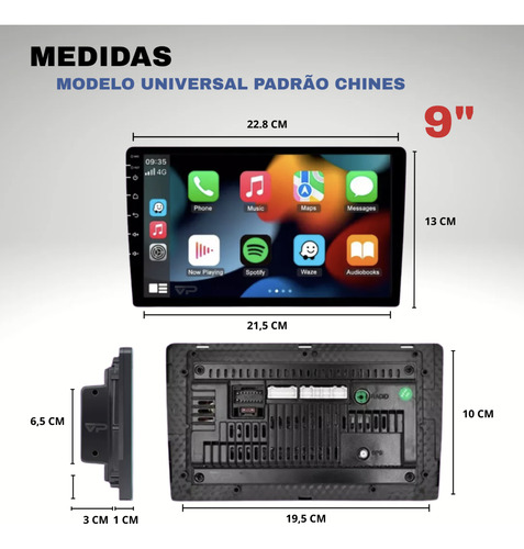 Multimídia H-tech Ht-9000 Mp5 2 Din 9 Pol Usb Sd Aux Bt CarPlay e Android Auto via cabo.