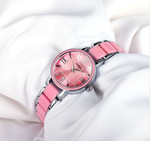 Relógio Feminino Time100, Rosa Simulado Pulseira De Cerâmica