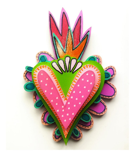 Corazón Mexicano Multicapa Pintado A Mano. 11 X 17 X 3 Cms.