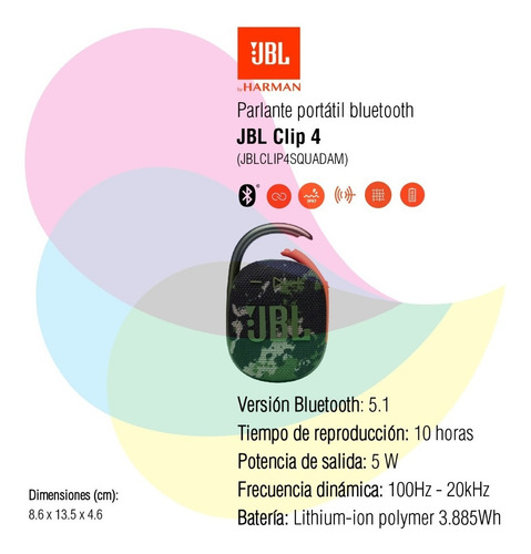 Imagen 2 de 9 de Parlante Jbl Clip 4 Bluetooth Jblclip4squadam