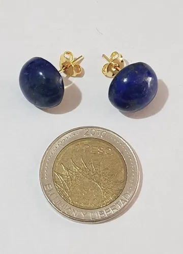 Aros Boton Lapislazuli Nat. 12mm Plata 950 Sellada Baño Oro 