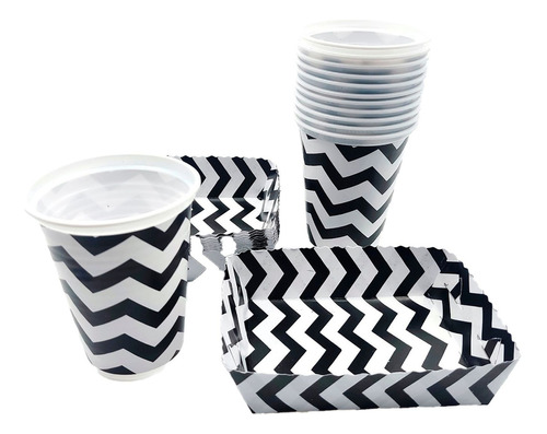 Kit Fiesta Vasos Platos Blanco Negro Lineas Zigzag X 12 Un