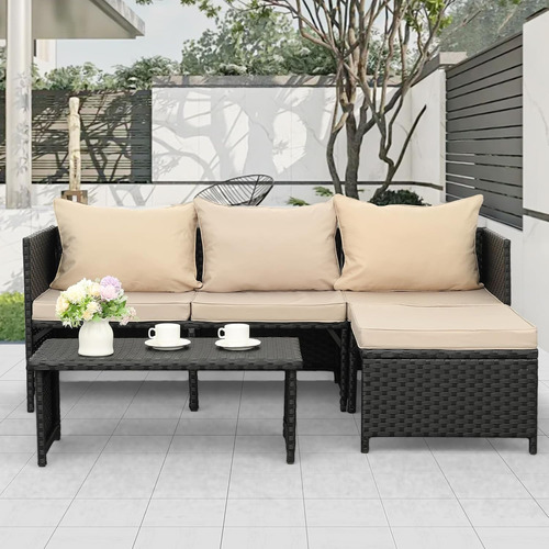 Sofá Modular De 3 Piezas En Mimbre De Polietileno Para Patio