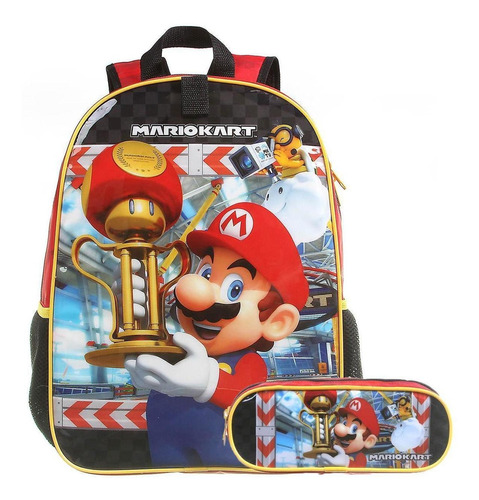 Mochila De Costas Mario Kart Com Estojo Infantil Escolar