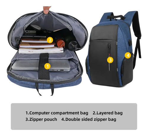 Mochila Antirrobo De Gran Capacidad Con Usb Para Laptop Negro Con Azul Liso