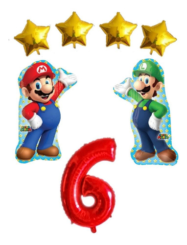 Pack Globos Mario Bross+ Luigi + Nro 80 Cm + Estrellas 20 Cm