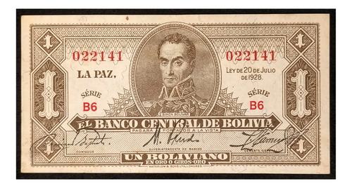 Bolivia 1 Boliviano 1928 Serie B6 Mb Pick 128a 