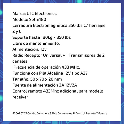 Imagen 6 de 10 de Combo Cerradura 350lb Cn Herrajes Zl Control Remoto Y Fuente