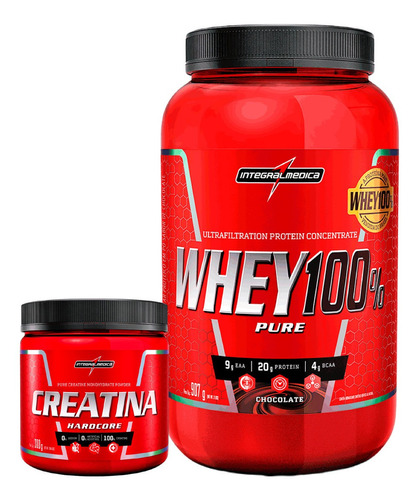 Whey 100% Pure 907g Pote Creatina 300g Integral Médica Sabor Chocolate