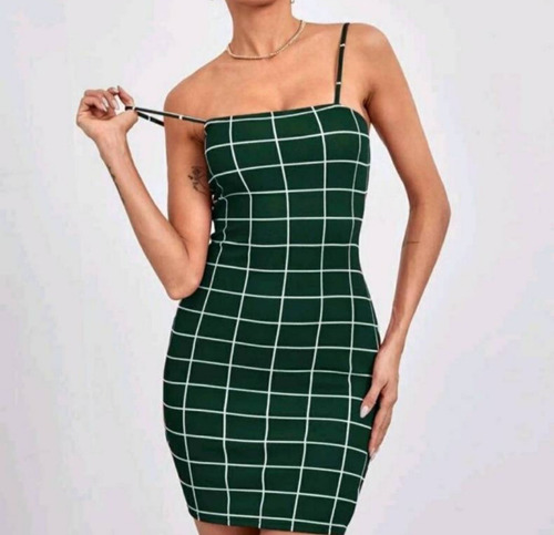 Vestido Corto Cuadros Talla M Verde Botella