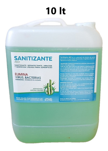 Sanitizante De Sales Cuaternarias A60 Biodegradable  10 Lt 